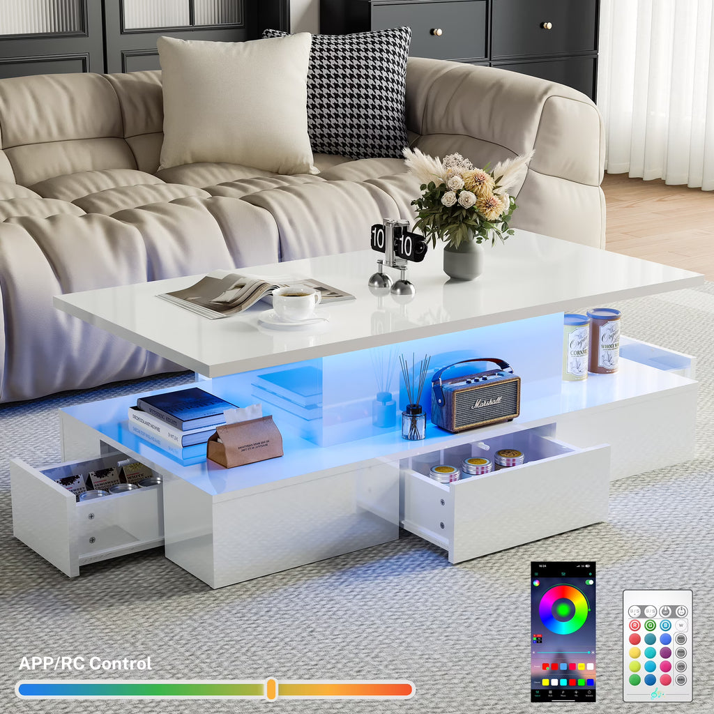 White LED Coffee Table with 4 Drawers C2656