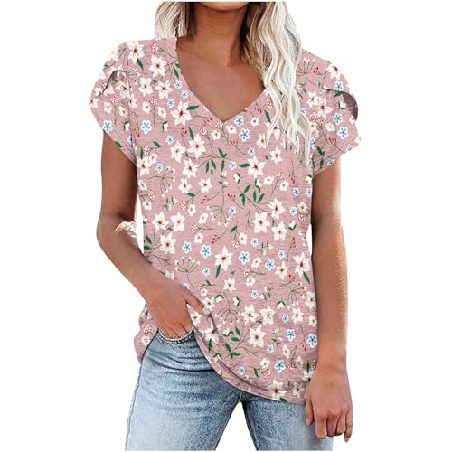 Women's Casual Summer Petal Short Sleeve V Neck Floral Boho Loose Tunic Blouses X805911