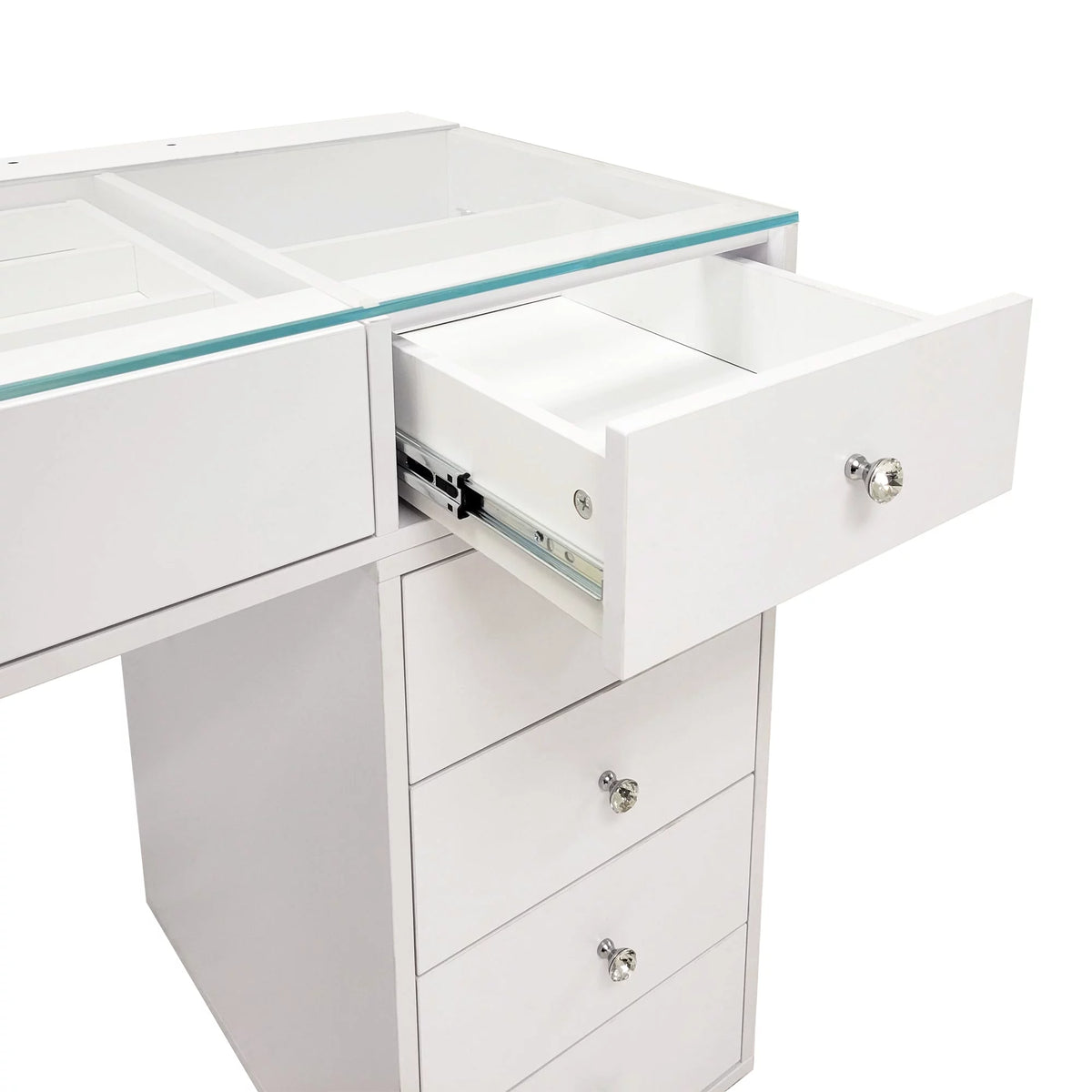 White 10 Drawer Vanity Desk with Glass Tabletop M7369