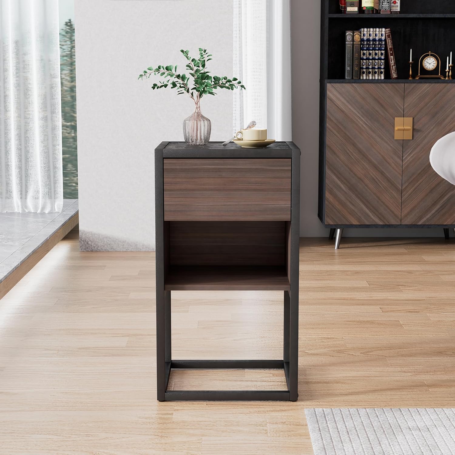 Brown+Light Gray Wood Side Table with Storage Drawer E911156