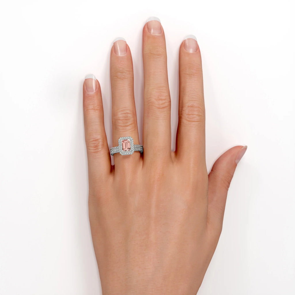2 Carat Emerald Cut Moissanite Double Halo Pave Wedding Ring Set M3198