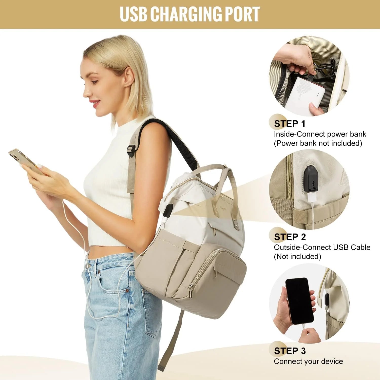 Beige-Khaki Waterproof Laptop Backpack Q2535