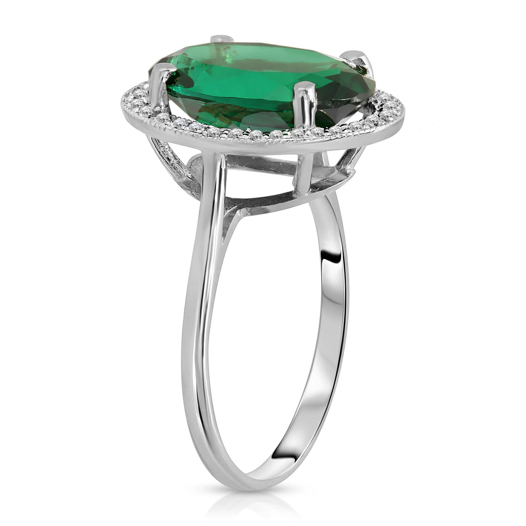 14K Solid White Gold Emerald Ring with Natural Diamonds Halo Ring (9.5) S744692