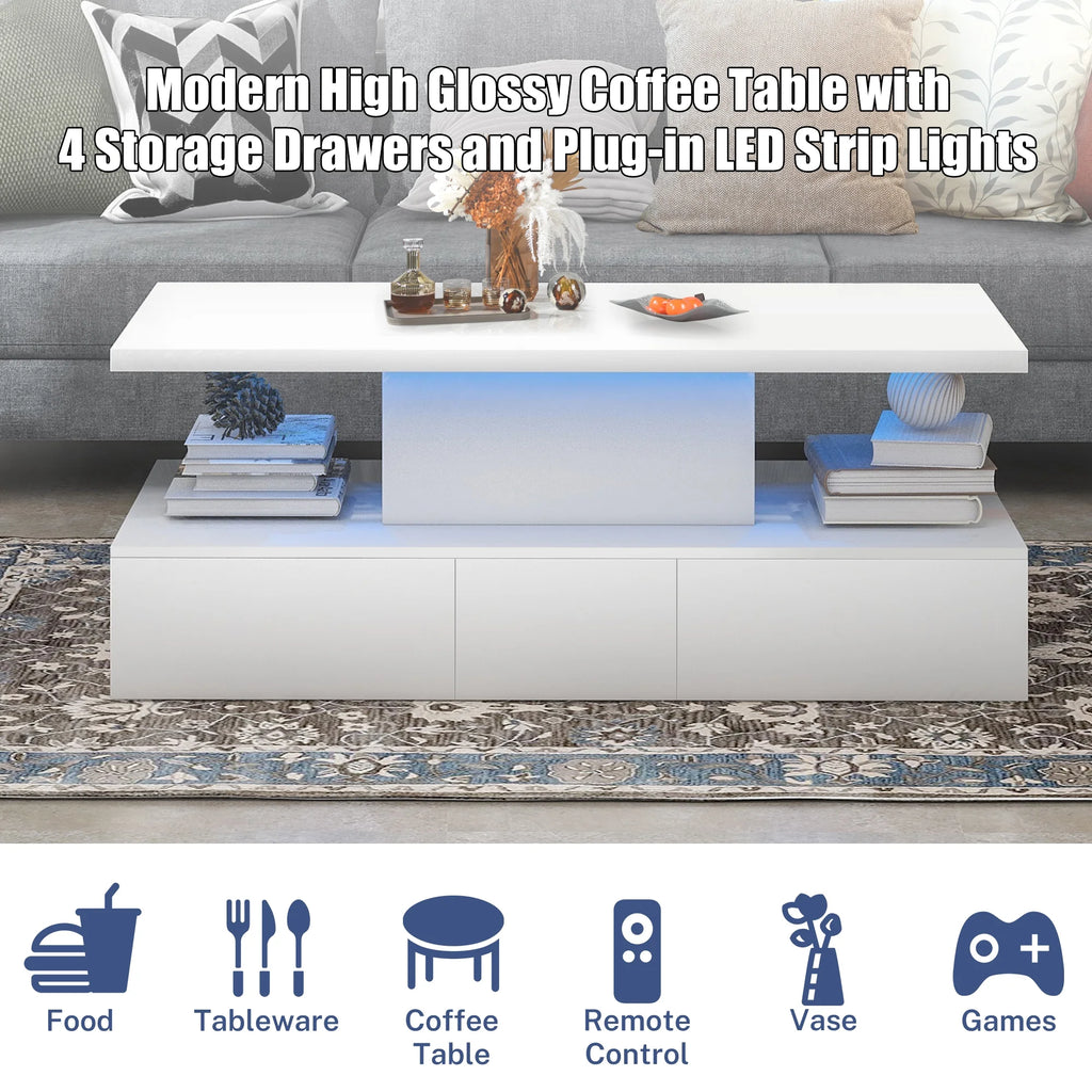 White LED Coffee Table with 4 Drawers C2656