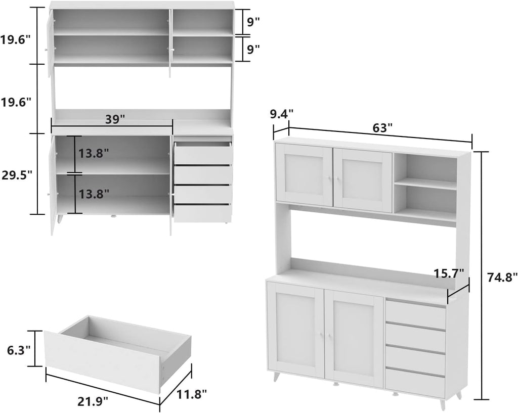 63"W 74.8"W Buffet with Hutch, Freestanding Kitchen Pantry Oak/White D735904