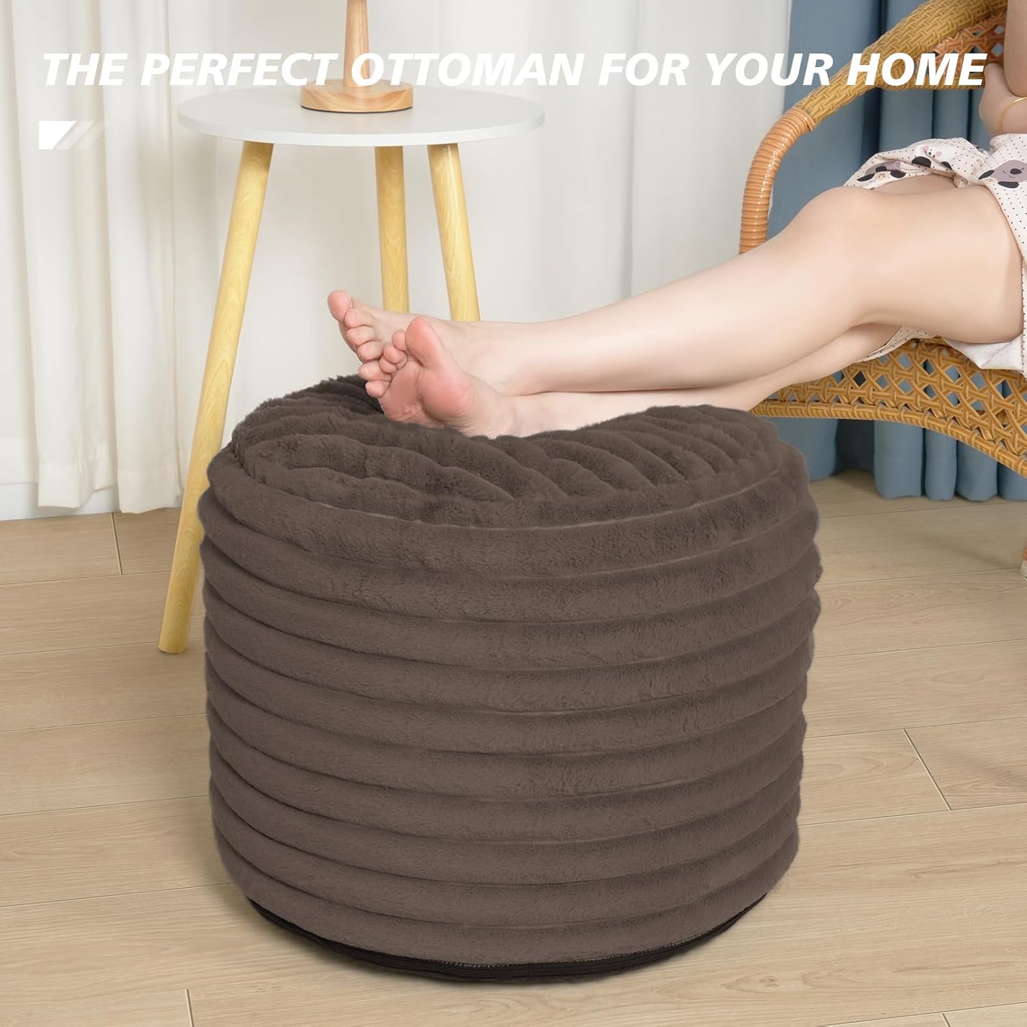 Brown Faux Fur Pouf Ottoman 20 x 15 Inch X114
