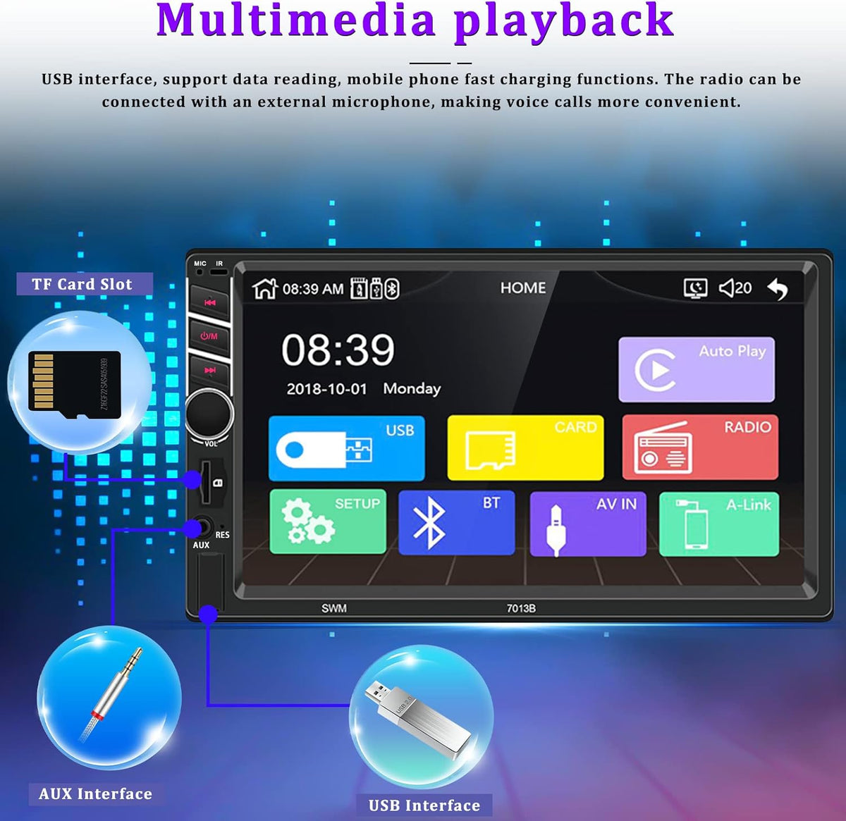 Double Din 7 inch Car Stereo with CarPlay Android Auto HD Touch Screen Multimedia Head Unit MP5 Player FM Receiver Bluetooth Mirror Link SWC AUX/USB/TF Card Backup Camera J89276