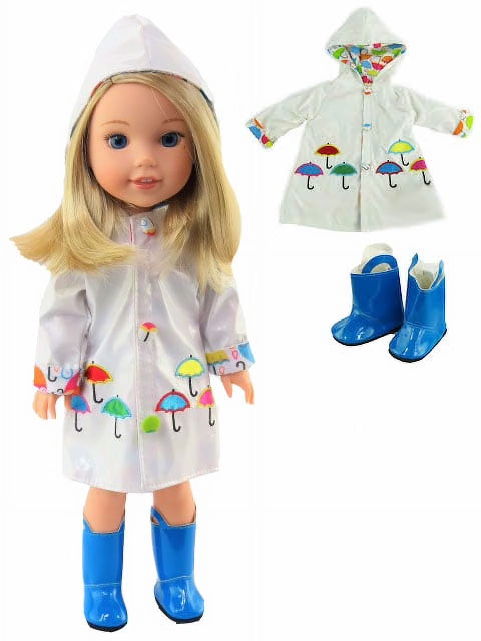 White Raincoat with Electric Blue Rain Boots For 14 Inch Dolls F765