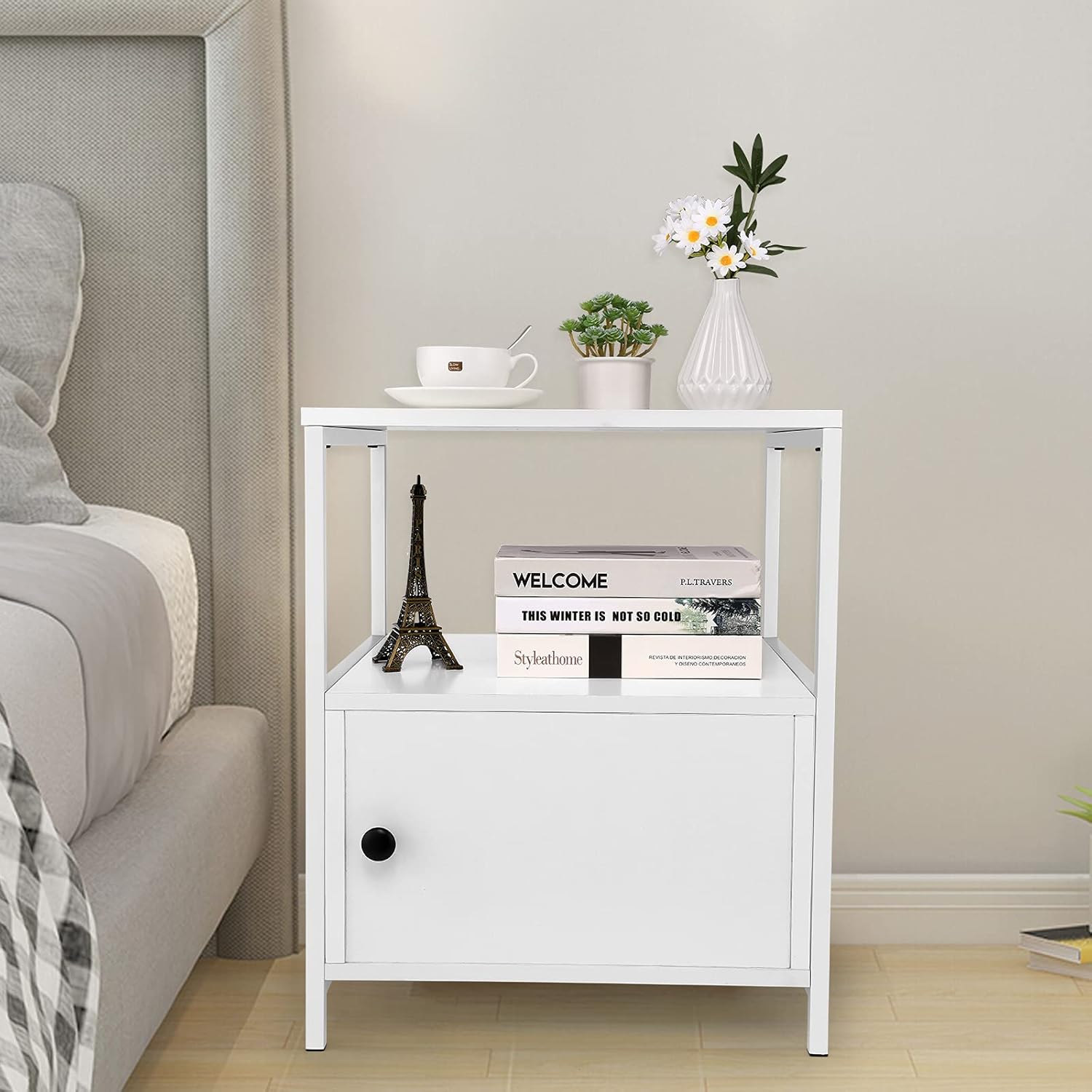 White Industrial Nightstand with Storage Cabinet and Open Shelves L798251
