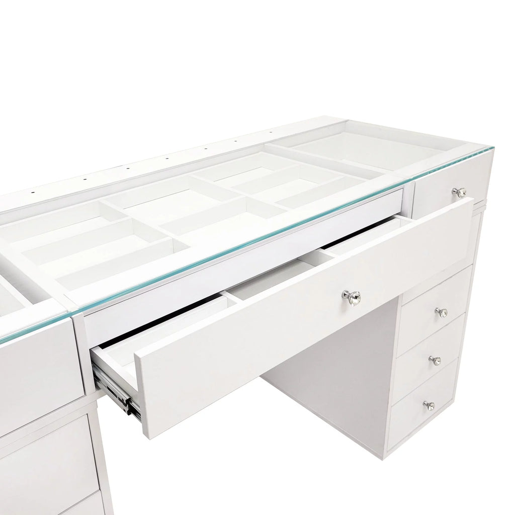 White 10 Drawer Vanity Desk with Glass Tabletop M7369