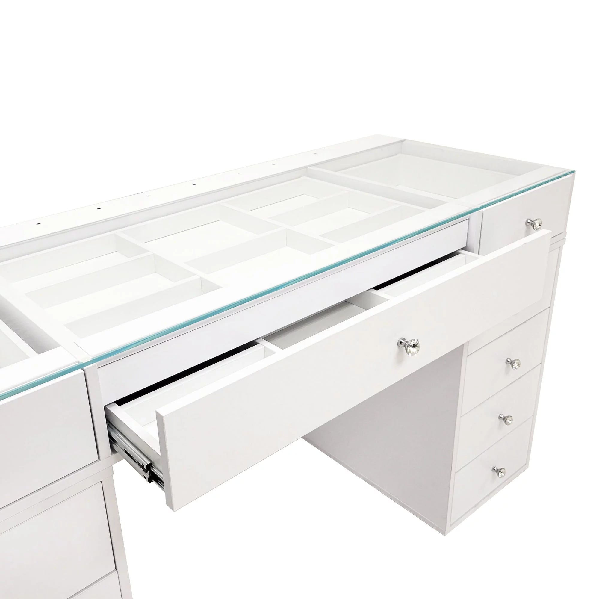 White 10 Drawer Vanity Desk with Glass Tabletop M7369