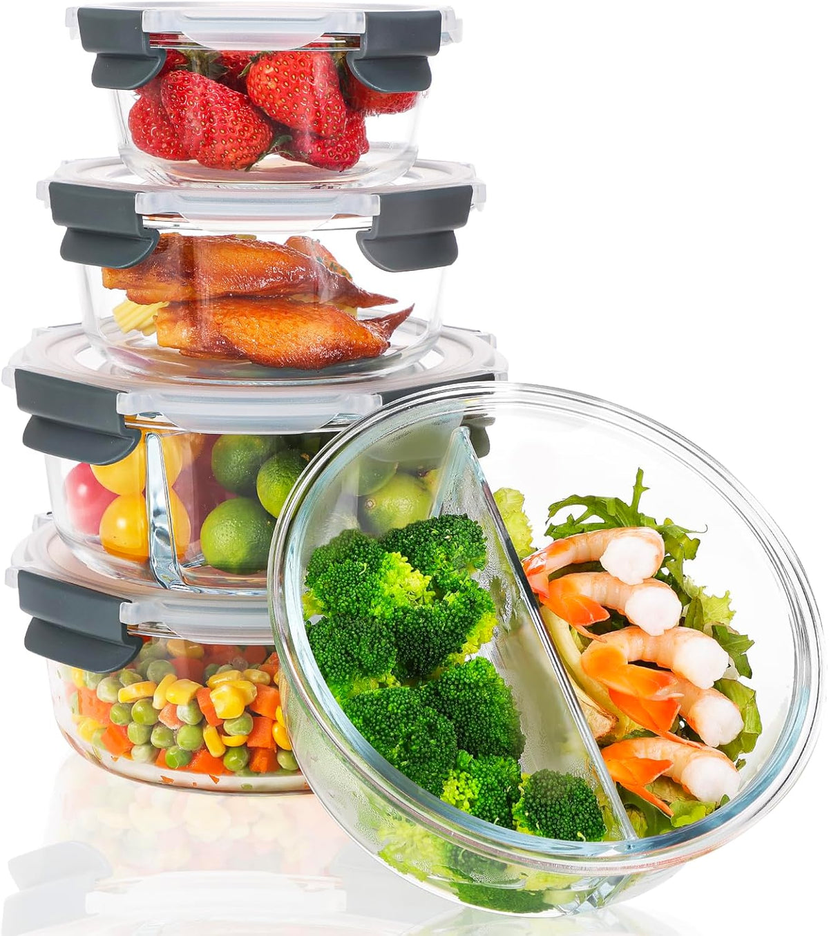 10pc Glass Food Storage Container with Lid, Gray Round Glass Meal Prep Containers I61514