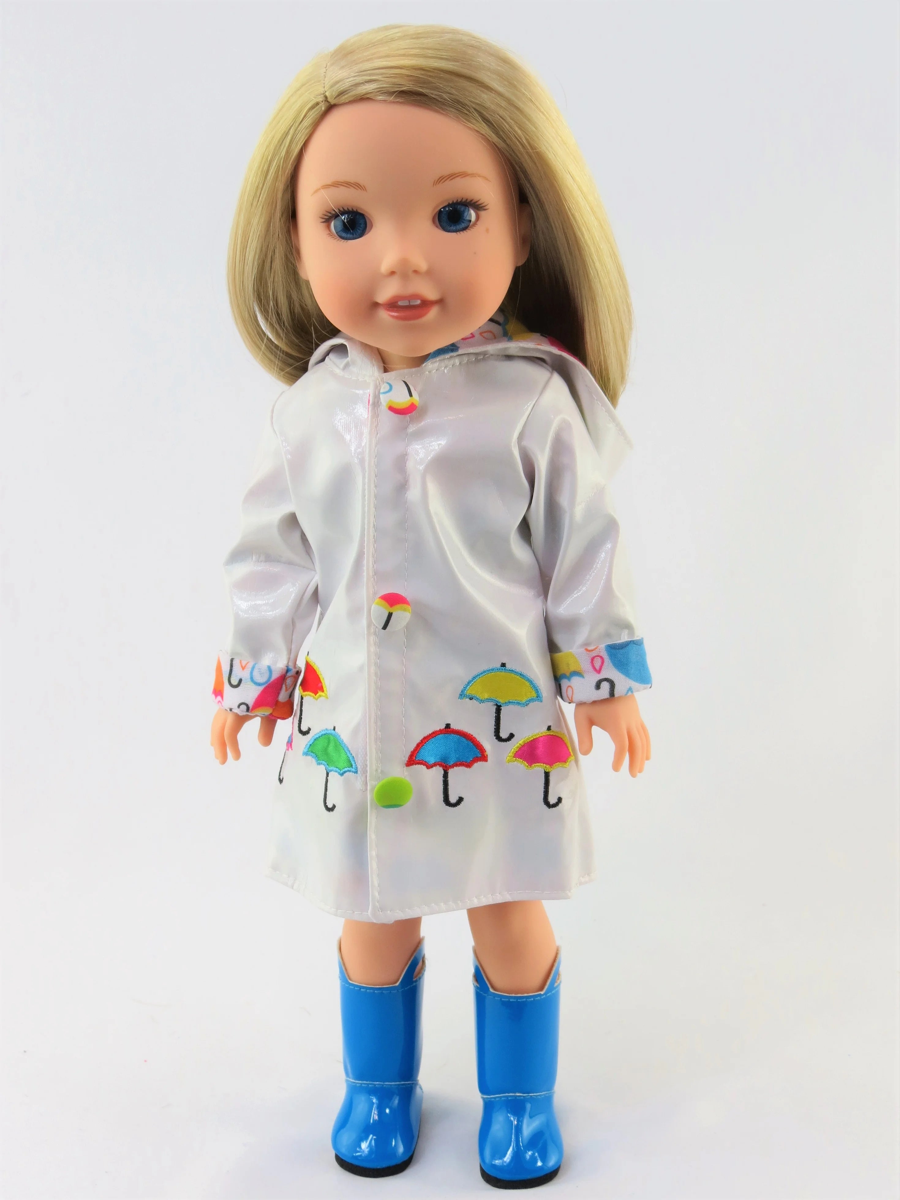 White Raincoat with Electric Blue Rain Boots For 14 Inch Dolls F765