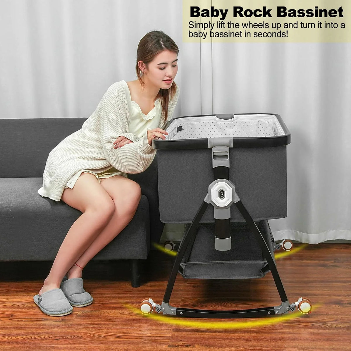 Baby Bassinet Bedside Sleeper with Adjustable Height and Wheels H4709