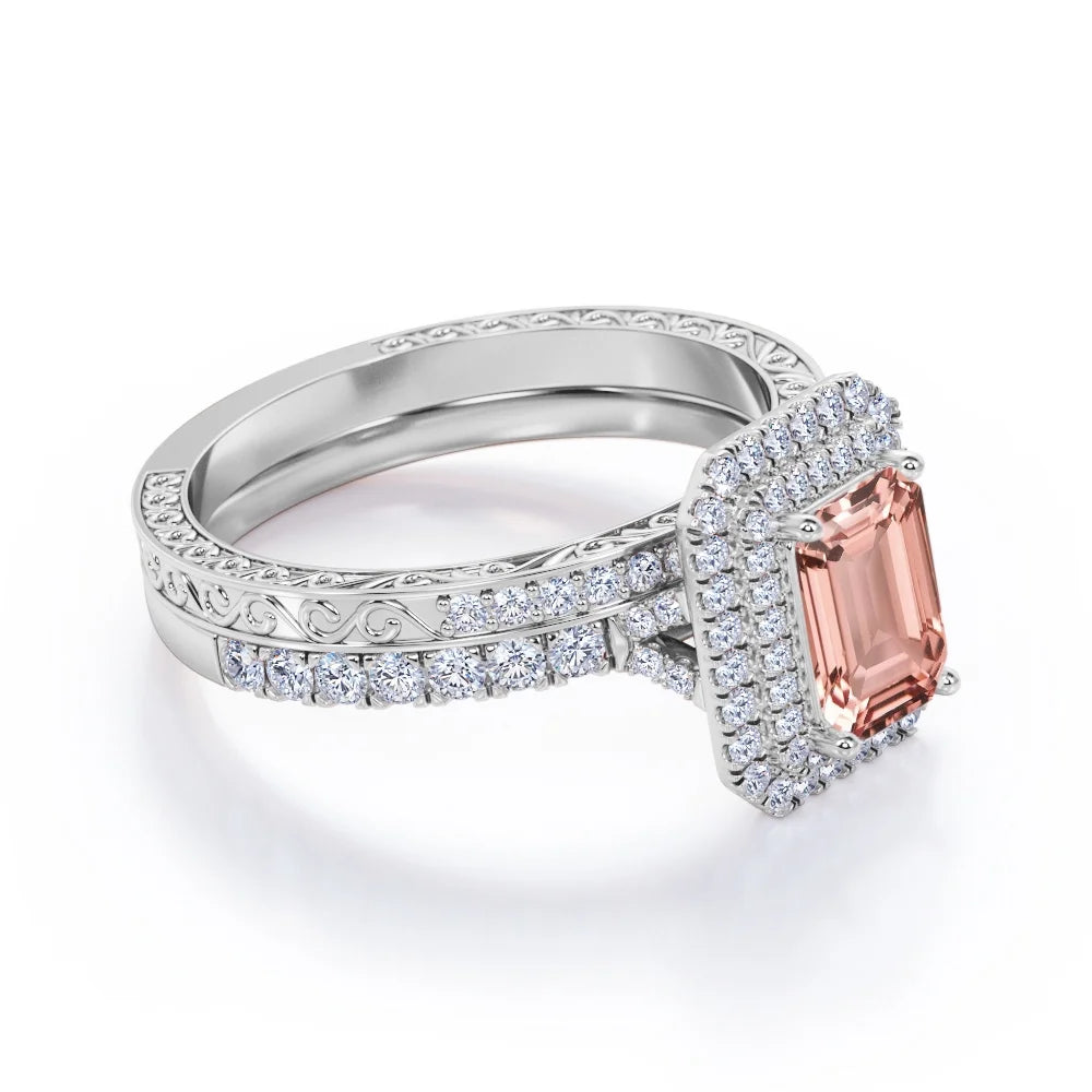 2 Carat Emerald Cut Moissanite Double Halo Pave Wedding Ring Set M3198
