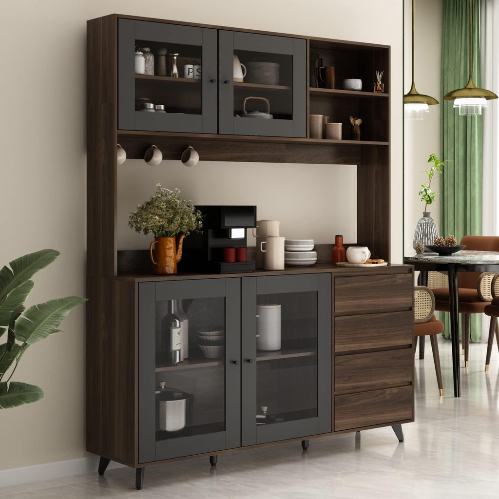 63"W 74.8"W Buffet with Hutch, Freestanding Kitchen Pantry Oak/White D735904