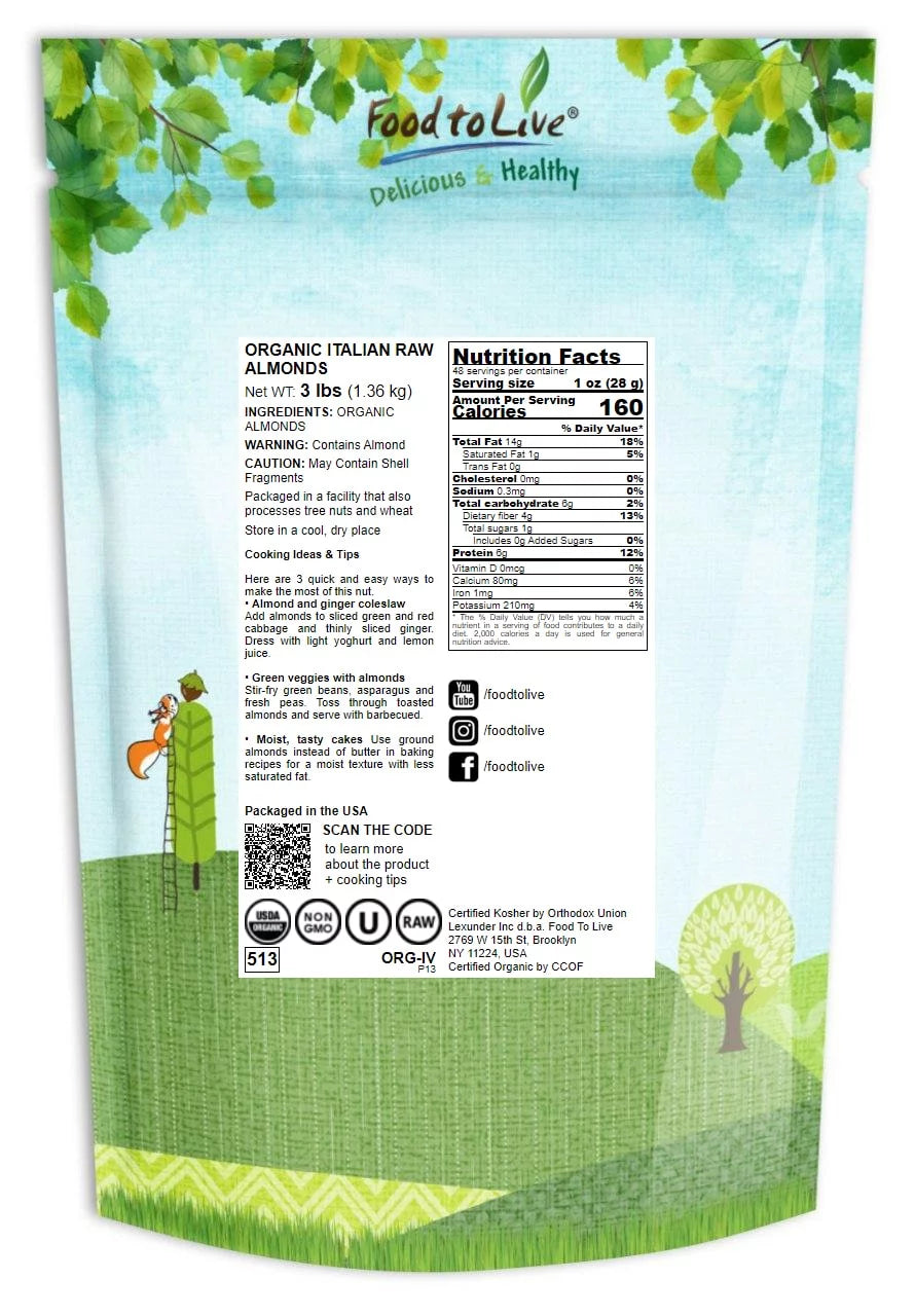 Organic Raw Almonds, 3 Pounds H4956