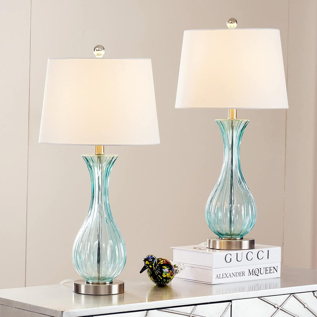 Set of 2 Blue Glass Table Lamps with White Shade A430