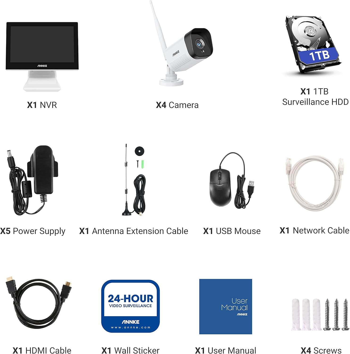 5MP NVR Wi-Fi Security Camera System with 10.1 LCD Monitor, 4CH, 4Pcs 1080p Outdoor IP Cameras, 1TB Hard Drive X909