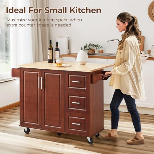 Black Rolling Kitchen Island with Storage and Drop Leaf A654