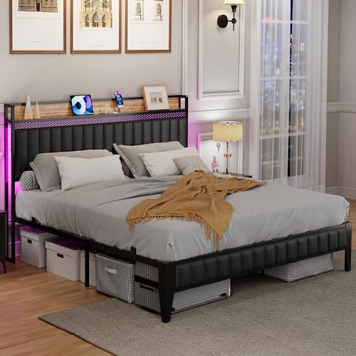 Black Queen Upholstered Platform Bed Frame with Storage Headboard L57577