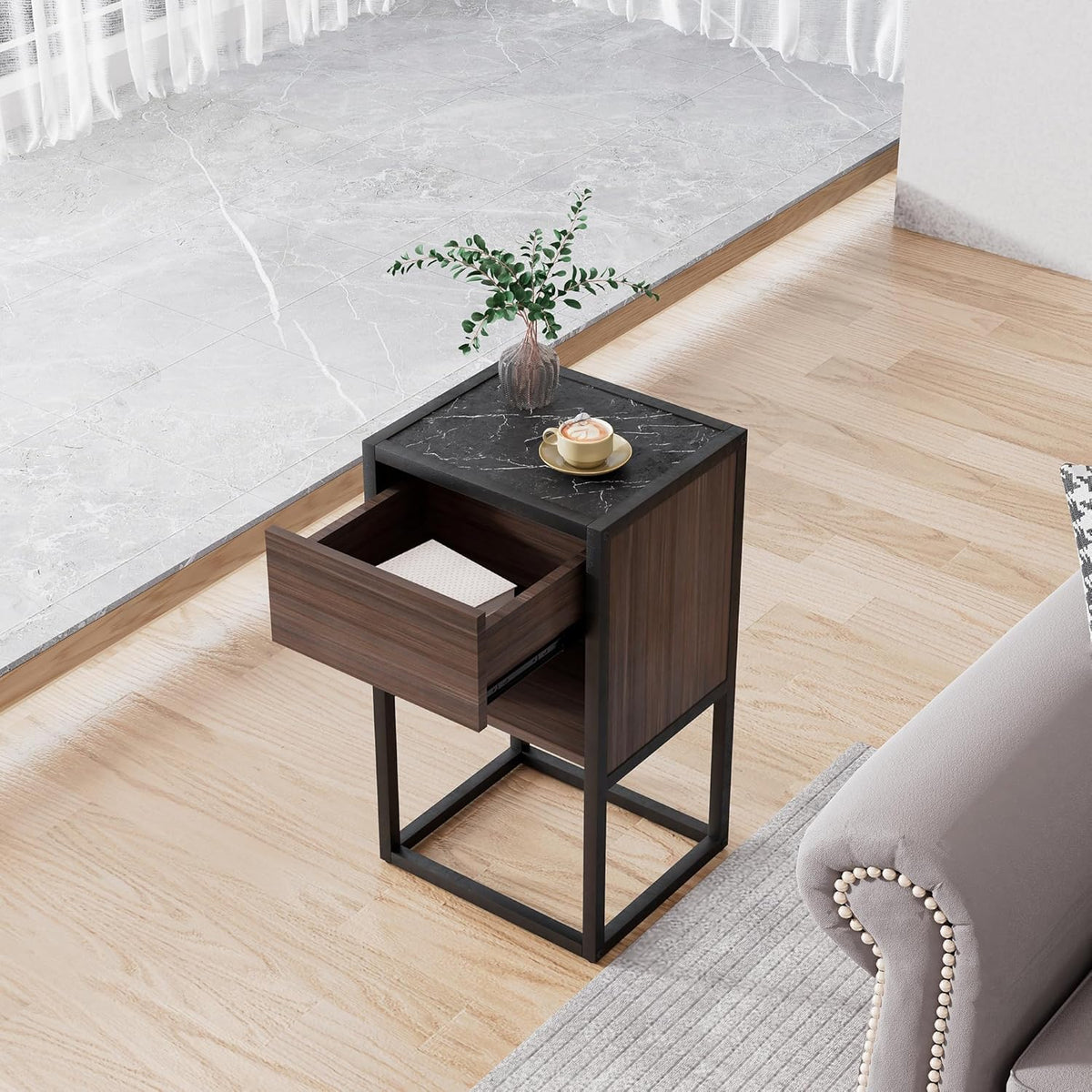 Brown+Light Gray Wood Side Table with Storage Drawer E911156