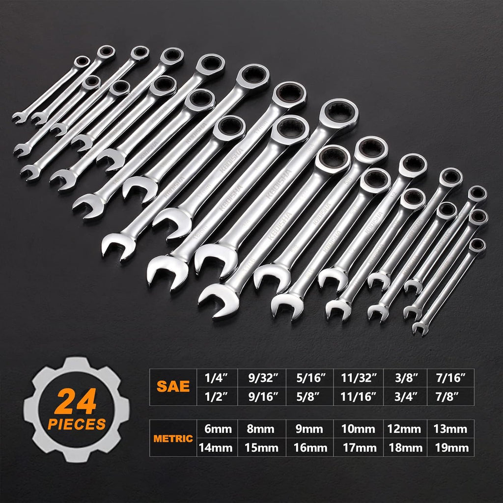 24-Piece Chrome Vanadium Steel Ratcheting Combination Wrench Set with Metric & SAE 72-Tooth X968