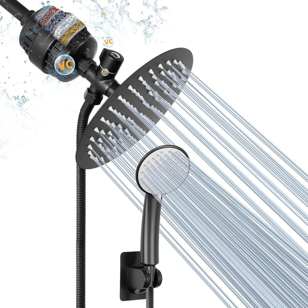 Matte Black 8″ Round Rain Shower Head and 5 Settings Handheld Shower Filter Combo with Self-adhesive Holder, 1.5M Hose, 1 Replaceable Filter Cartridge, Pack of 2 I740