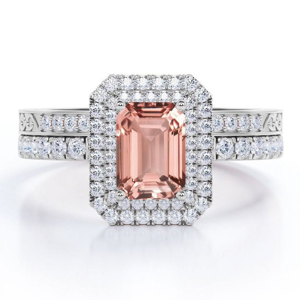 2 Carat Emerald Cut Moissanite Double Halo Pave Wedding Ring Set M3198