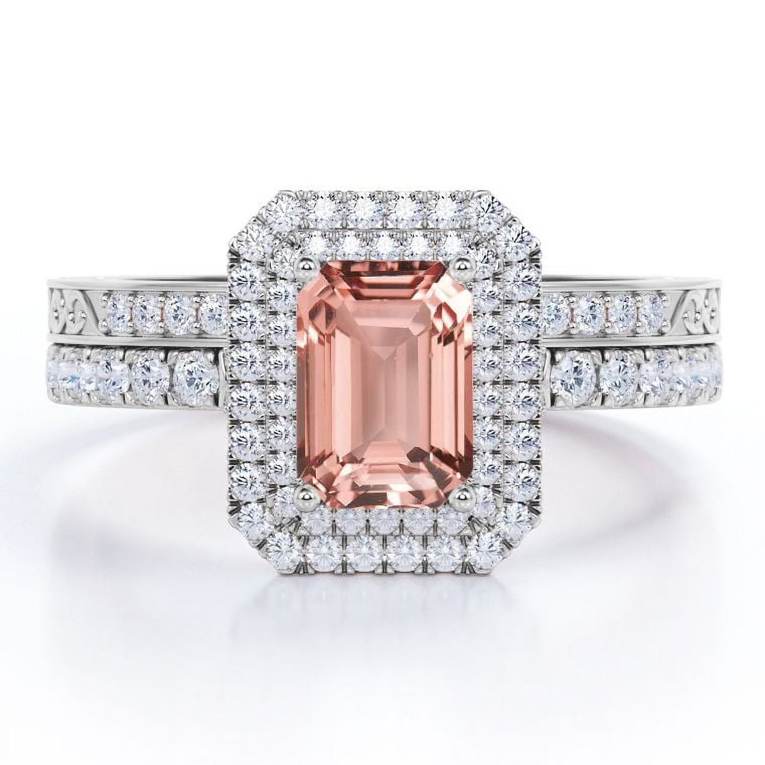 2 Carat Emerald Cut Moissanite Double Halo Pave Wedding Ring Set M3198