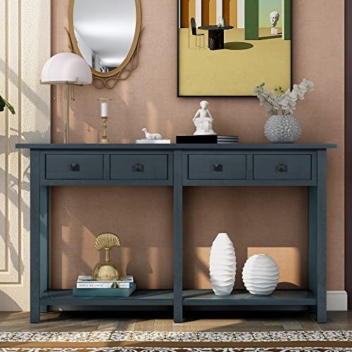 Antique Navy Rustic Wood Console Table with 4 Drawers and Bottom Shelf M613864