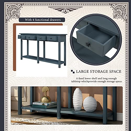 Antique Navy Rustic Wood Console Table with 4 Drawers and Bottom Shelf M613864
