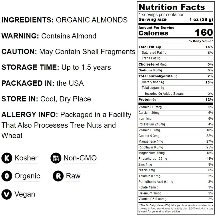Organic Raw Almonds, 3 Pounds H4956