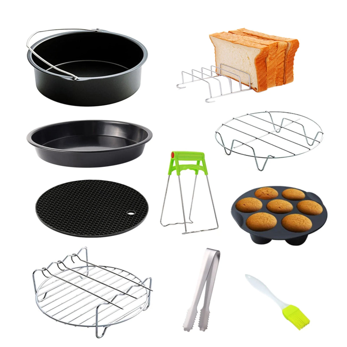 10Pcs Air Fryer Accessory Kit Baking Pan Rack Pizza Tray Metal Holder Cupcake Mould Set X22423