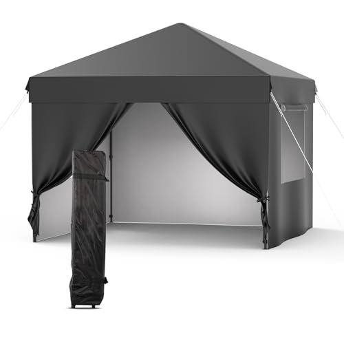 Grey 10x10 Pop Up Canopy with 4 Removable Sidewalls and Windows, 3 Adjustable Heights Commercial Shelter, Portable Enclosed Instant Tent with Wheeled Carry Bag, Waterproof Outdoor Gazebo M6414