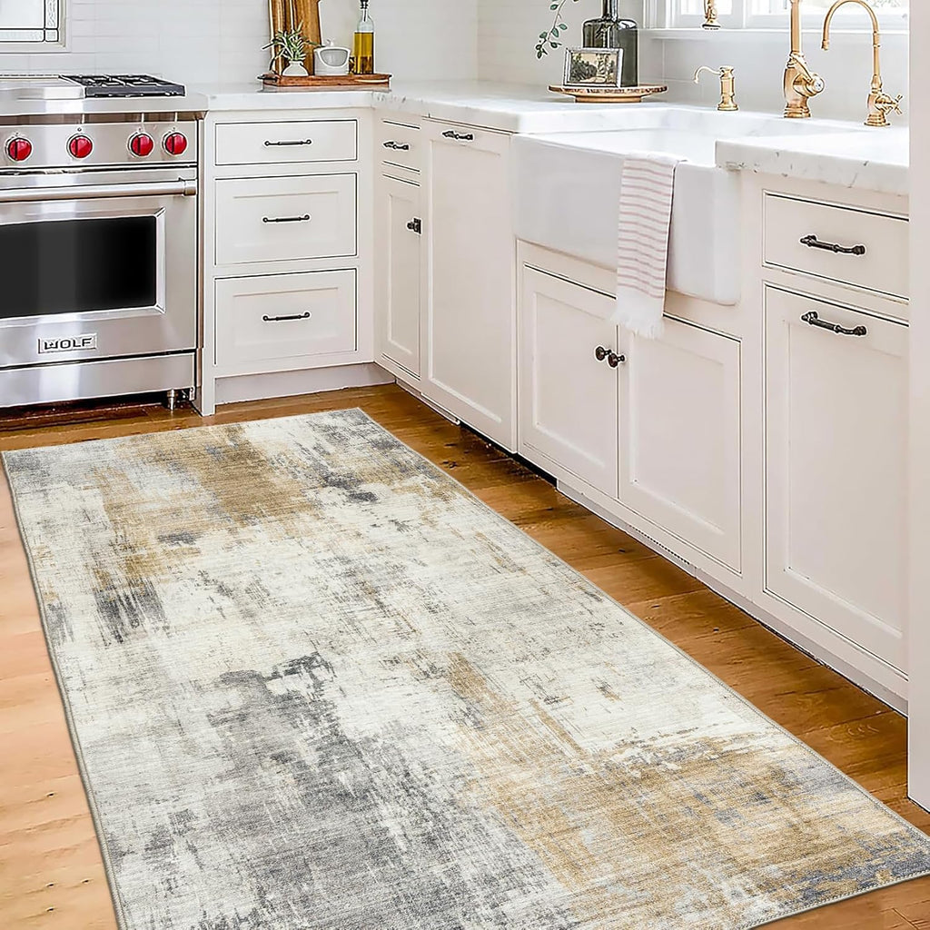 Beige 2'6" x 6' Machine Washable Area Rug Runner W785714