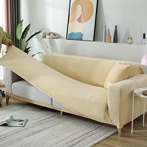 Beige 2 Seater Stretch Velvet Sofa Slipcover with Non Slip Elastic Straps Q831499