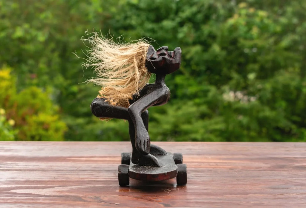 Handmade Wooden Skateboarding Statue Sculpture Tiki Bar Figurine W476658