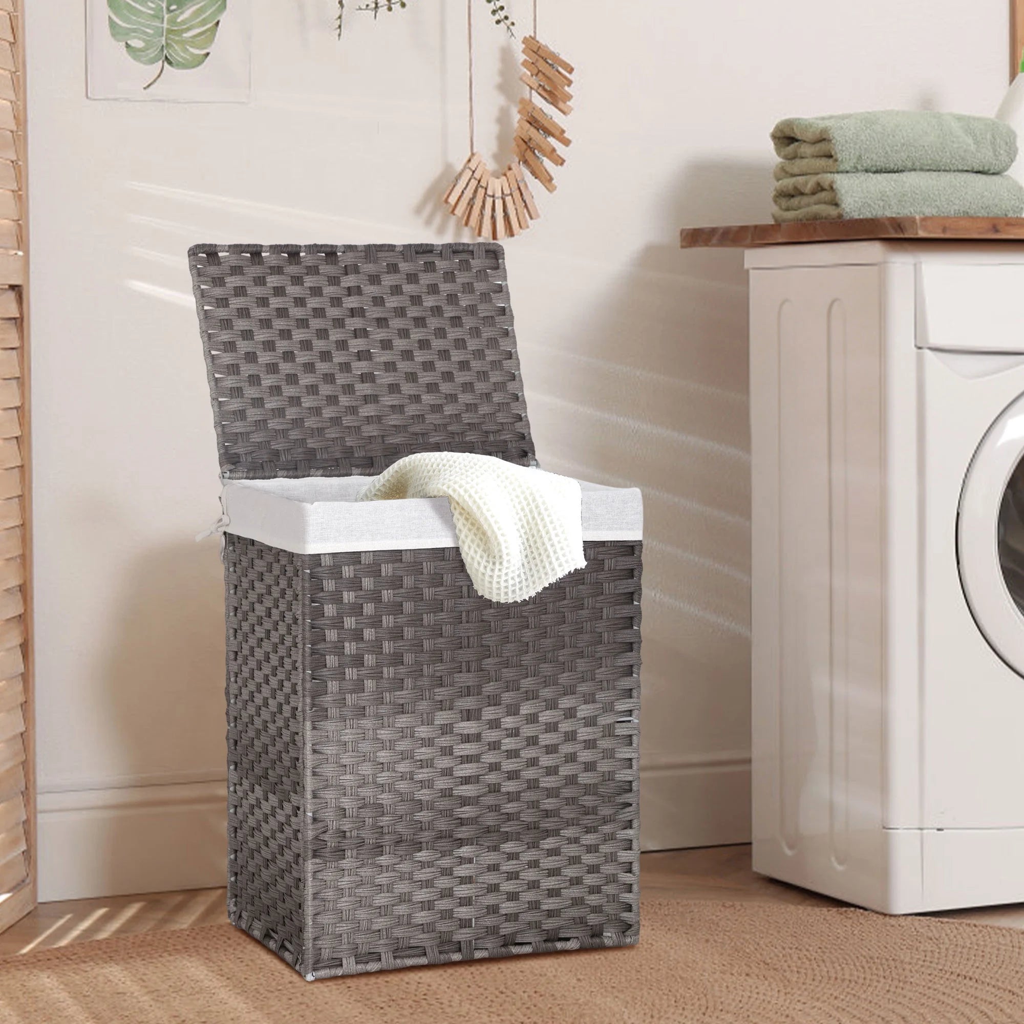 Divided Laundry Hamper 90L/110L Synthetic Rattan Handwoven Double Sorter with Liner Bags Foldable Grey N417793