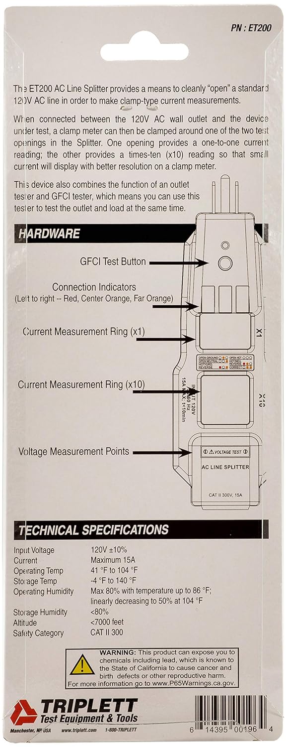 AC Line Splitter and GFCI Outlet Tester with 5 Visual Indicators T7371