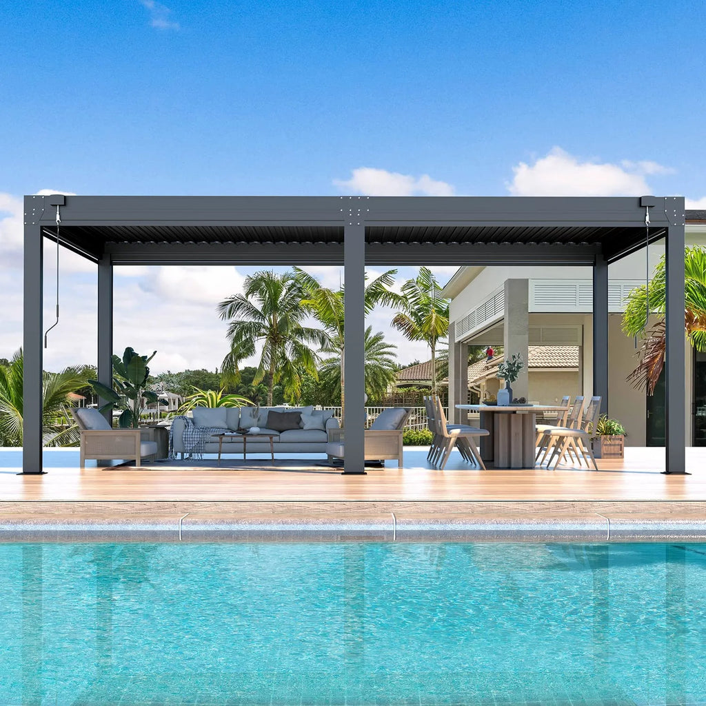 10×20 FT Aluminum Louvered Pergola with 6-Panel Pull-Down Privacy Screen D460