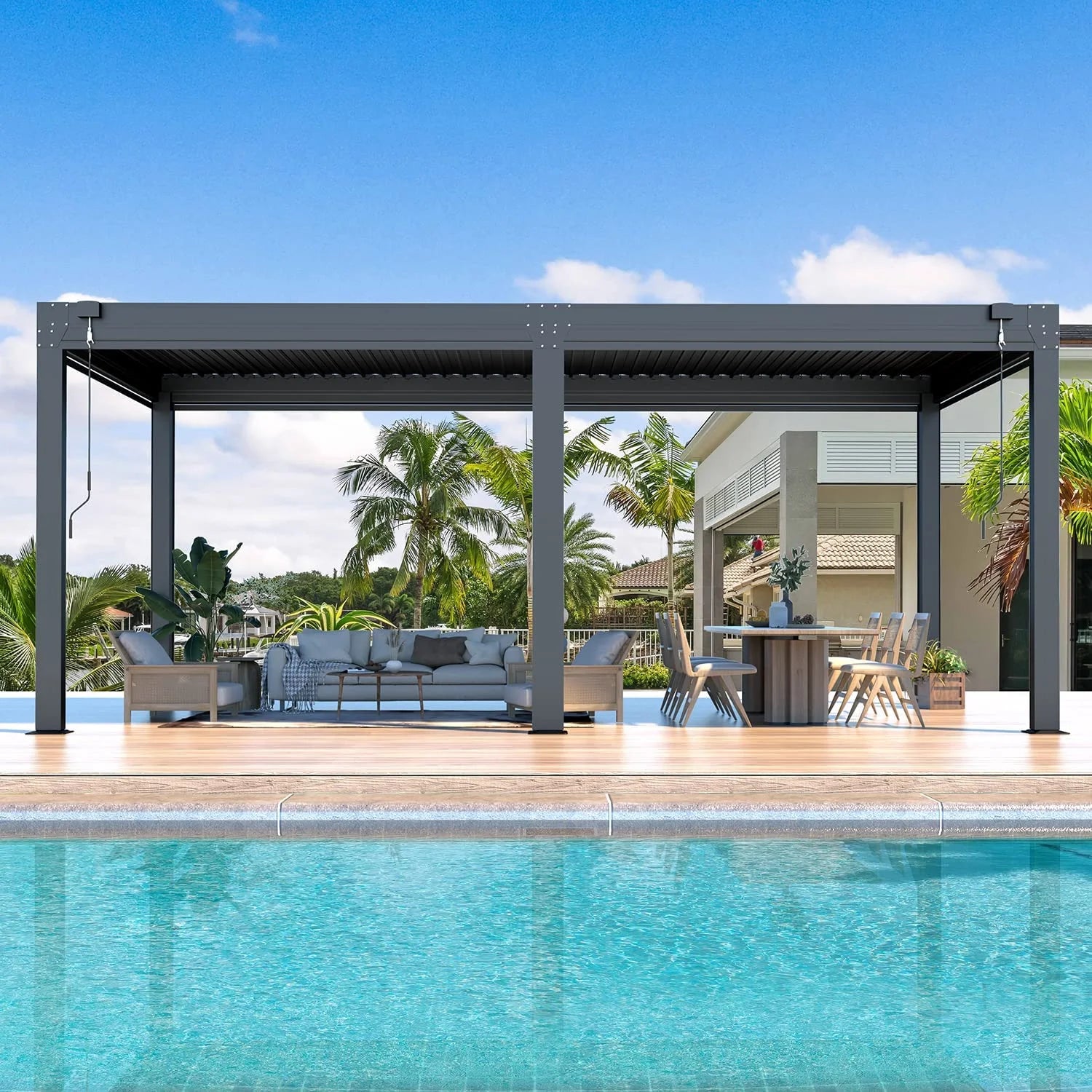 10×20 FT Aluminum Louvered Pergola with 6-Panel Pull-Down Privacy Screen D460