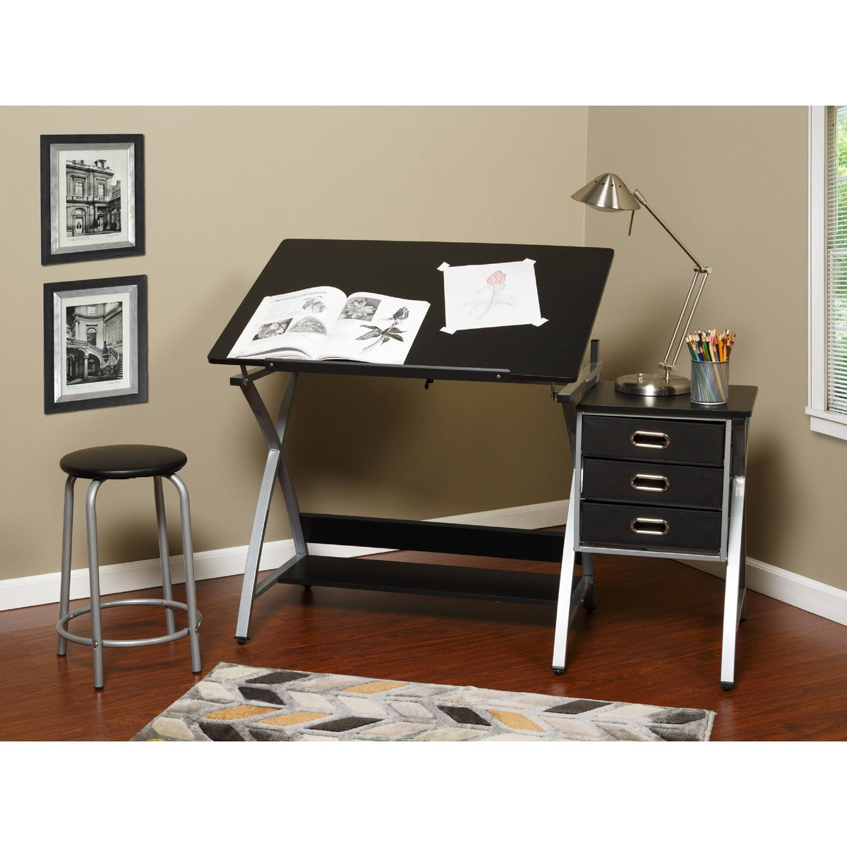 Black/Silver Craft Station with Stool C65739