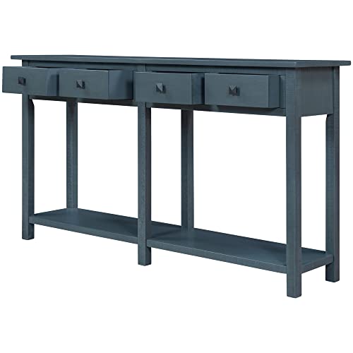 Antique Navy Rustic Wood Console Table with 4 Drawers and Bottom Shelf M613864