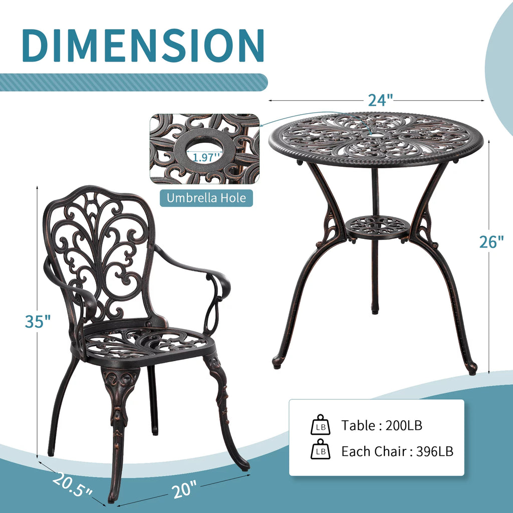 3-Piece Bistro Table and Chairs Set of 2 Outdoor Furniture, Bronze K433