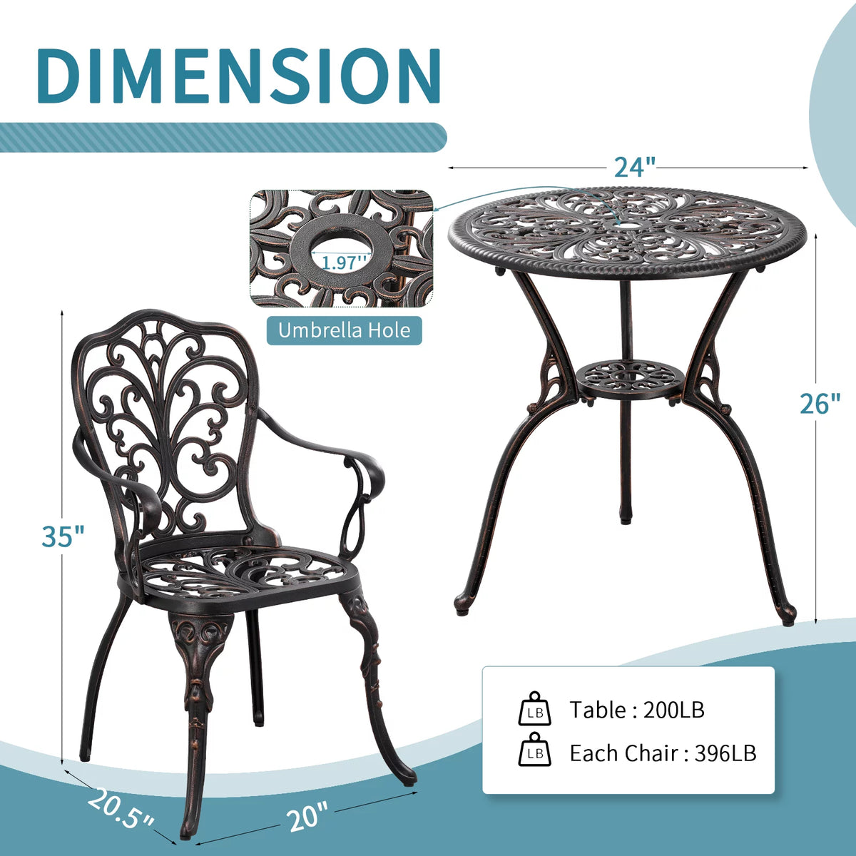 3-Piece Bistro Table and Chairs Set of 2 Outdoor Furniture, Bronze K433