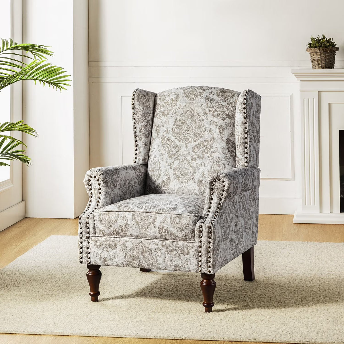 Beige Wingback Accent Chair with Spindle Legs I196