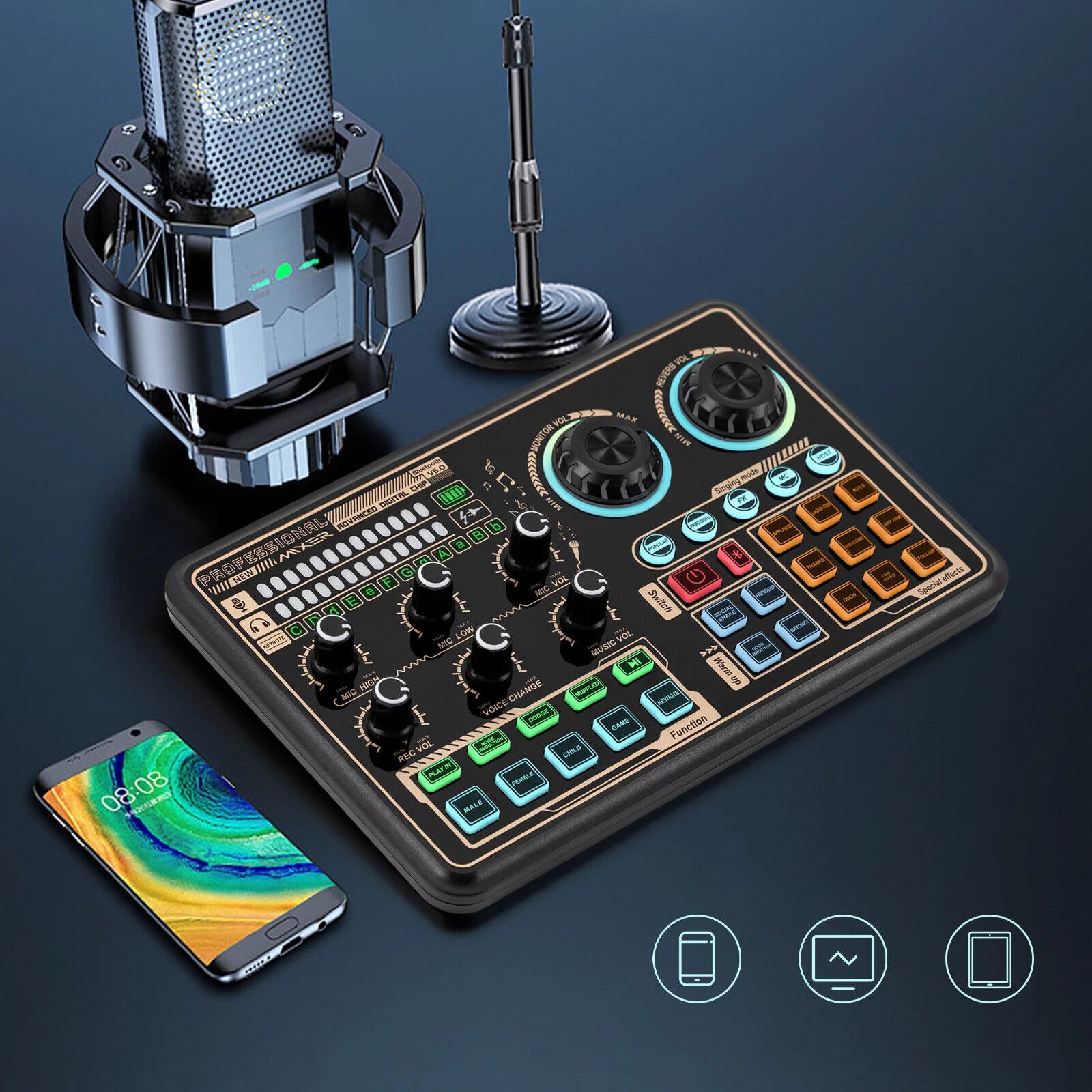 Sound Effects Board Audio Interface with Voice Changer and LED Lights F278