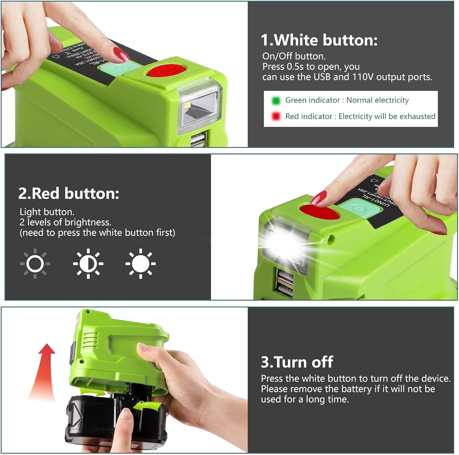 150W Power Inverter for 18V Battery with 2 USB, LED Light, AC Outlet N1461