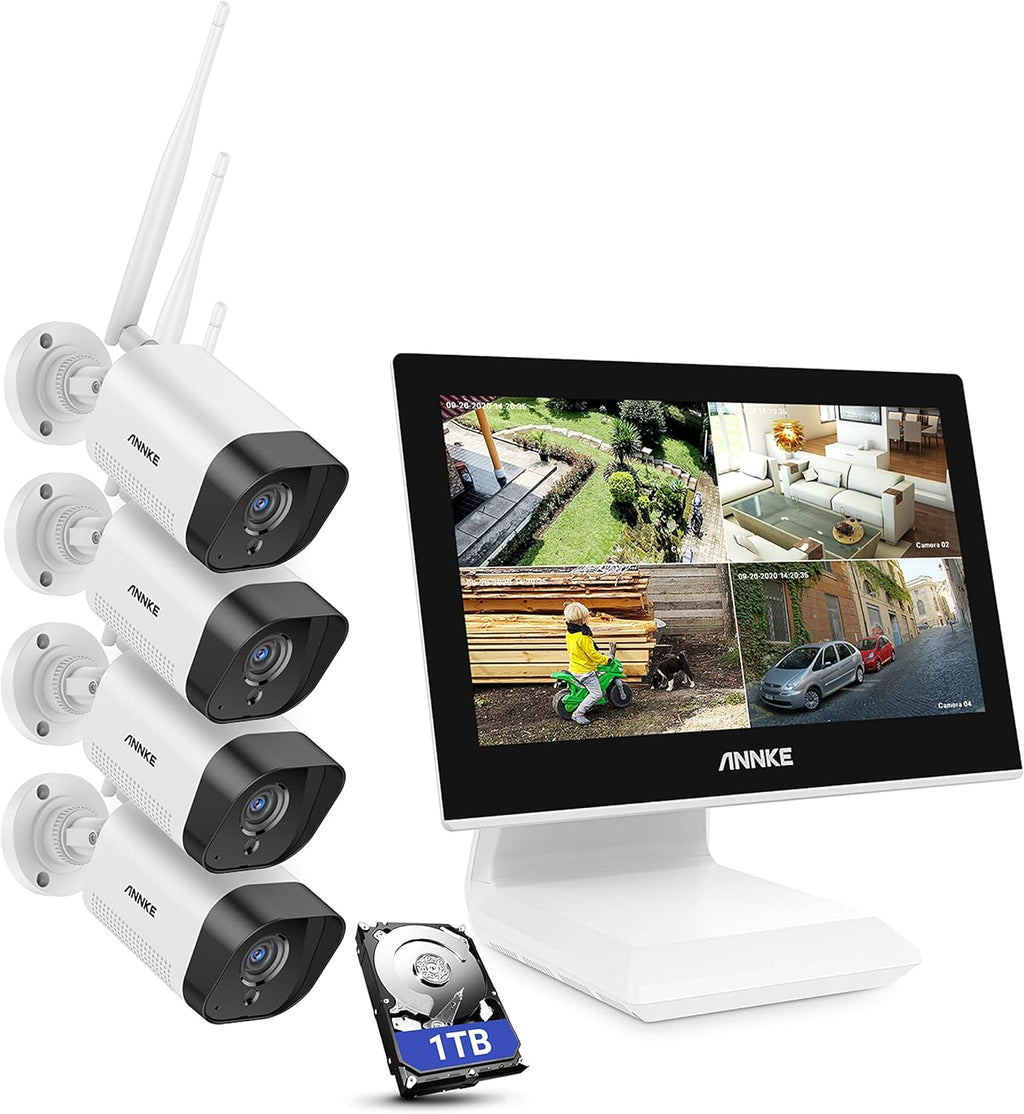 5MP NVR Wi-Fi Security Camera System with 10.1 LCD Monitor, 4CH, 4Pcs 1080p Outdoor IP Cameras, 1TB Hard Drive X909